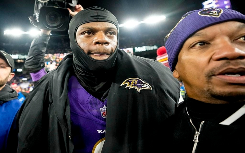 Lamar Jackson, quarterback for the Baltimore Ravens (8), exits the field following an AFC Championship NFL football match against the Kansas City Chiefs on Sunday, January 28, 2024, in Baltimore.